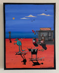 We don't need no fuel original artwork showing two characters on skateboards beside an outback petrol station