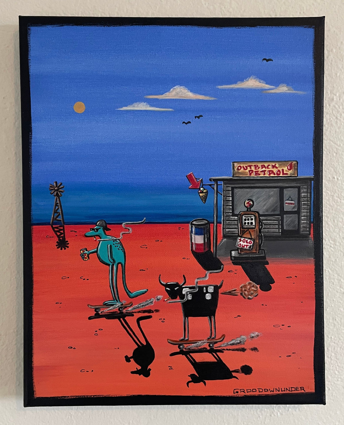 We don't need no fuel original artwork showing two characters on skateboards beside an outback petrol station